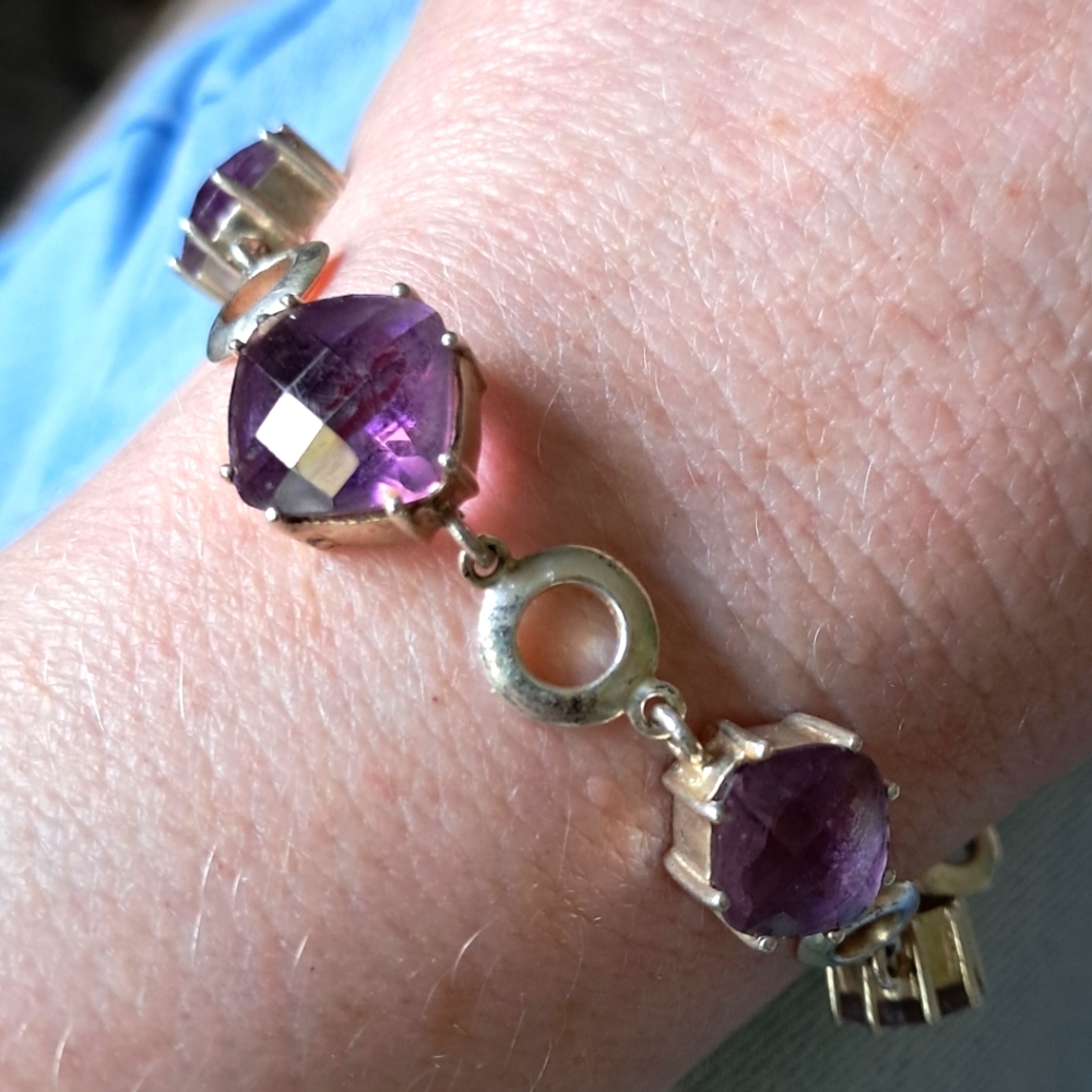 Italian Arya Sterling Silver Cushion Cut Amethyst 10" Adjustable Bracelet